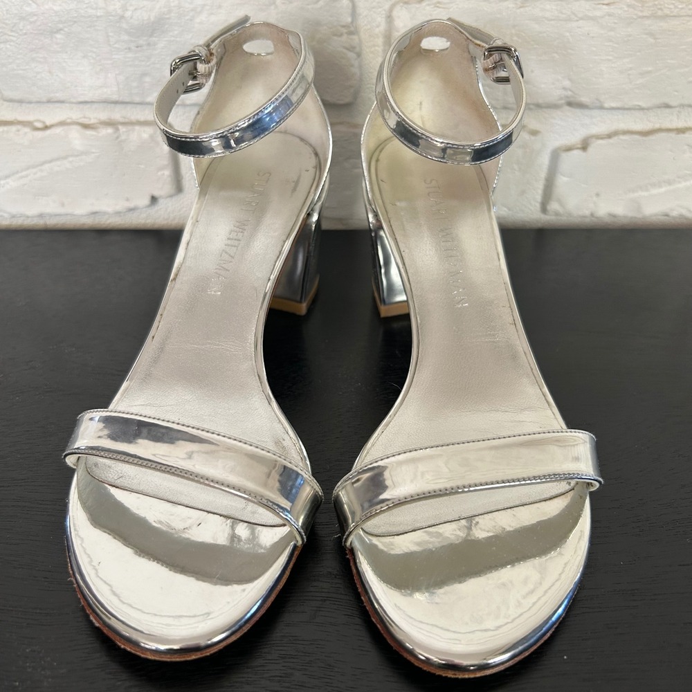Stuart Weitzman Silver Metallic Block Heel Sandals Women's Size 7 - Picture 4 of 7